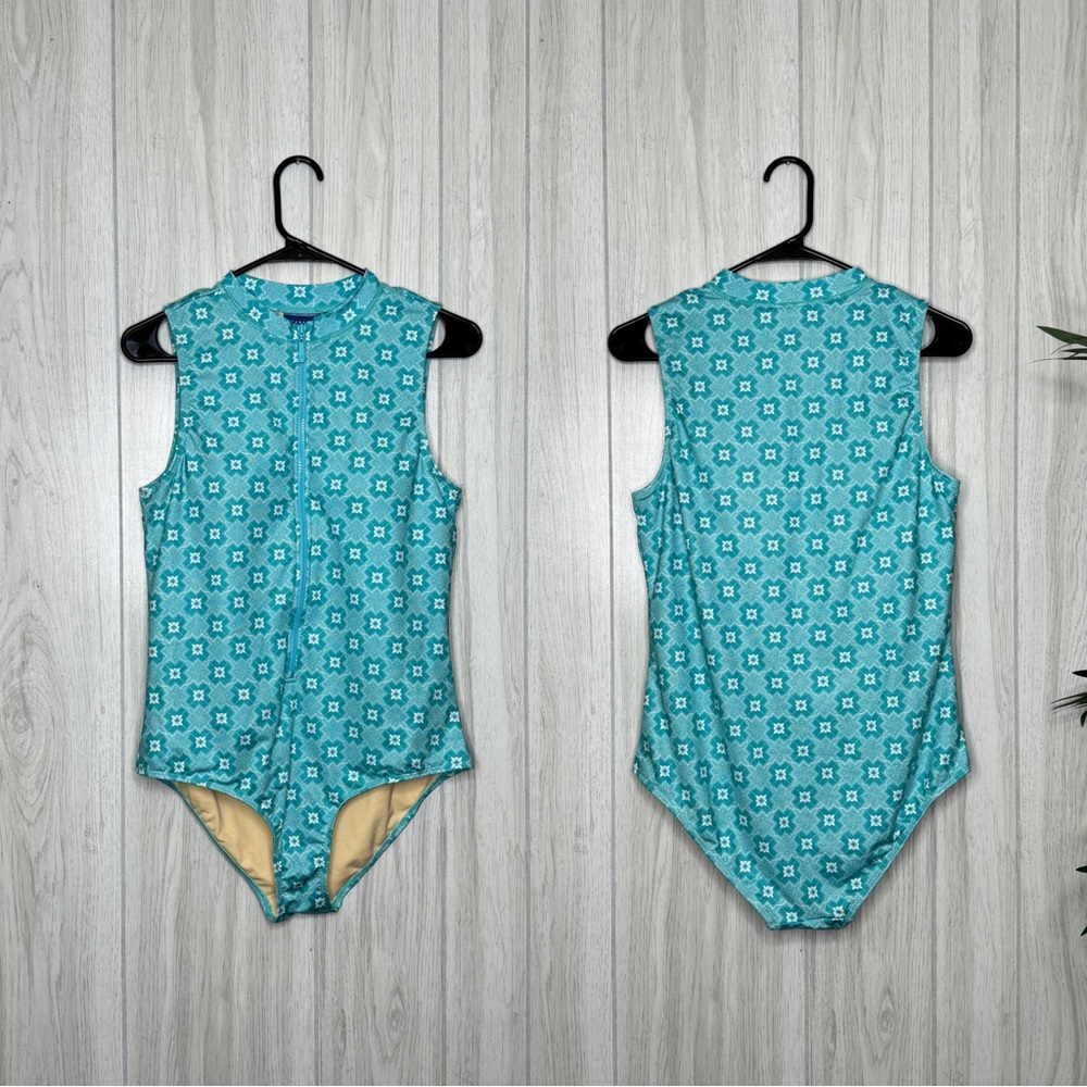 Cabana Life Zip Up Front Aqua Tropical Sleeveless Unisuit One Piece Swimsuit L